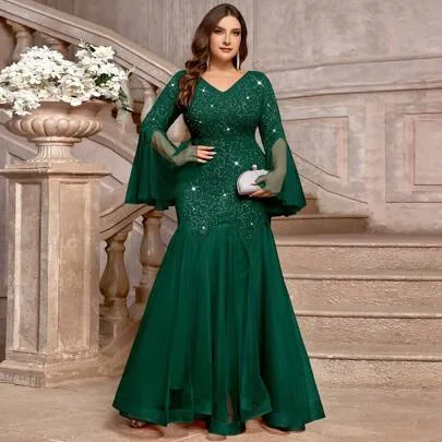 V-Neck Sequin Floral Lace Flare Sleeve Contrast Mesh Mermaid Hem Party Long Dress by SHEIN