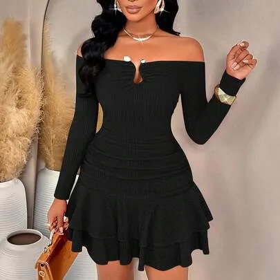 Amarilo Solid Color Open Shoulder Ruffle Trim Long Sleeve Mini Dress with Asymmetric Metal Buttons