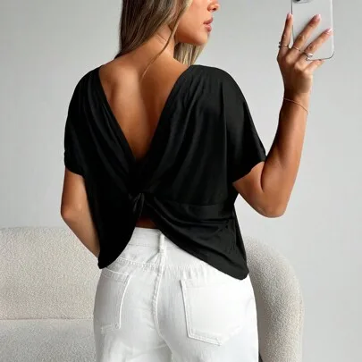 Casual Backless Twisted Knot T-Shirt by SHEIN