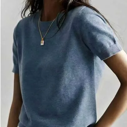 Lightweight Solid Color Short Sleeve Knit T-Shirt by SHEIN