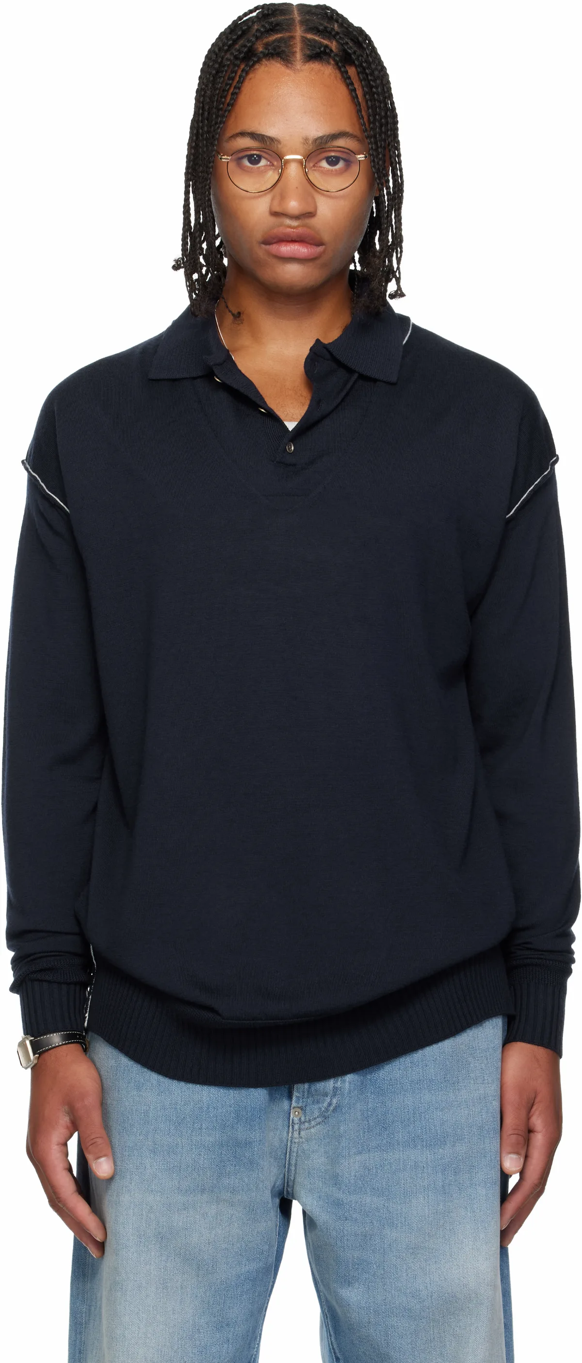 Navy Knit Double Collar Polo