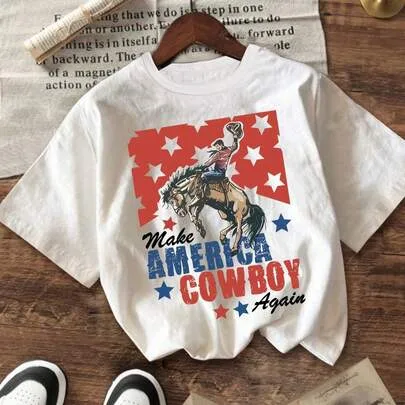 100% Cotton Western Patriotic T-Shirt "Make America Cowboy Again" Cowboy Graphic Tee by SHEIN