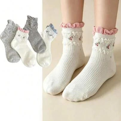 4 Pairs Mid-Calf Socks Sweet Girl Style Ruffle Mid-Calf Socks by SHEIN