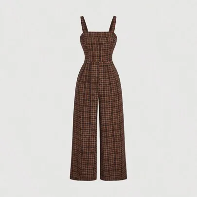 Plaid Sleeveless Jumpsuit with Suspenders Cinched Waist Wide Leg Pants by SHEIN