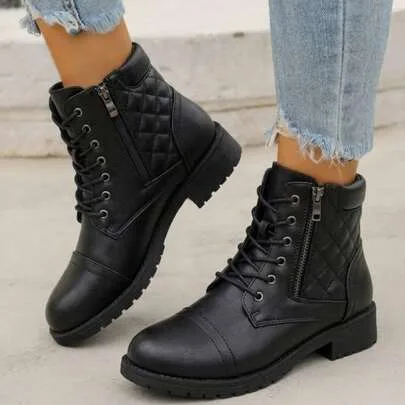 Lace Up Combat Ankle Boots Comfortable Short Booties with Low Heel by SHEIN