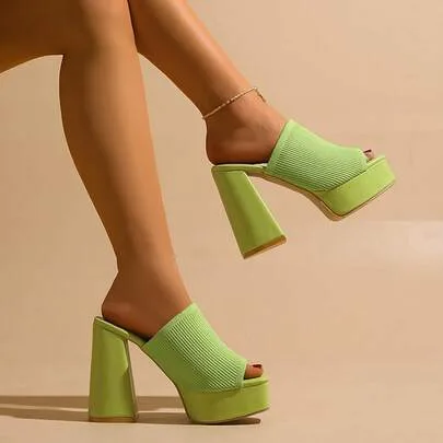 Knit Stretch Chunky Platform Heeled Sandals Open-Toe Slip-On Mules by SHEIN