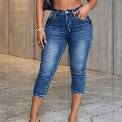 Casual Washed Denim Capris Skinny Jeans with Button and Pocket Details by Jkorea