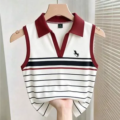 Colorblock Polo Collar Striped Knit Sleeveless Tank Top by SHEIN