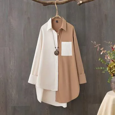 Casual Color Block Asymmetrical Hem Shirt by SHEIN