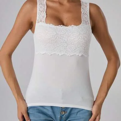 Plain Lace Trim Decor Square Neck Camisole Spliced Tank Sleeveless Vest Top by SHEIN