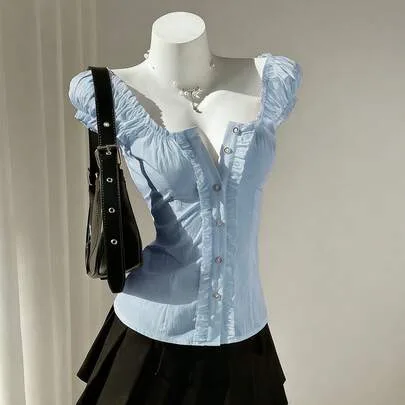 Minimalist Sweet Fresh Ruffled Off Shoulder Petal Sleeve Blouse by Elamini