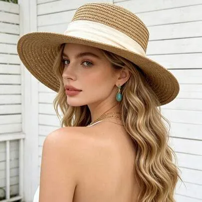 Breathable Straw Wide Brim UV Protection Sun Hat Back Bow Ribbon Decor Adjustable Beach Hat by SHEIN