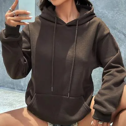 Kangaroo Pocket Drop Shoulder Drawstring Hoodie Long Sleeve Top by INAWLY