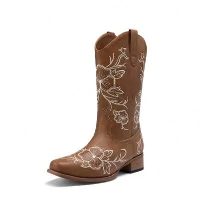 Western Cowboy Boots Square Toe Embroidered 1.37-Inch Low Chunky Mid-Calf Boots