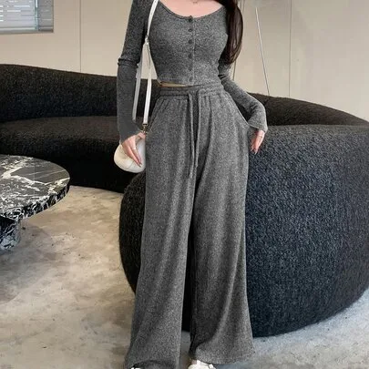 Solid Color Long Sleeve Top and Wide Leg Pants Lounge Set by Joudiya