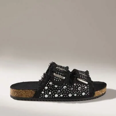 Round Toe Tassel Full Diamond Double Buckle Belt Flat Shoes by Solecia