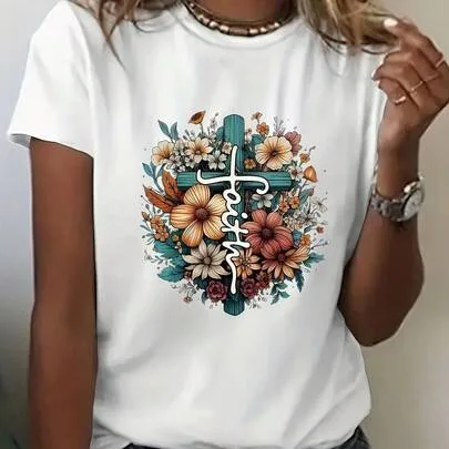 Letter Cross Floral Print Short Sleeve Round Neck T-Shirt by SHEIN