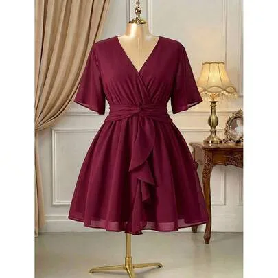 Cross Tie Knot Deep V-Neck Ruffle Sleeve Chiffon Waist Cinched Mini Dress by Rometta