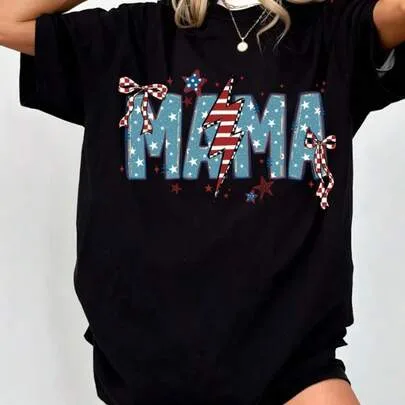 4th of July Mama American Flag Coquette Bow 100% Cotton Oversized T-Shirt