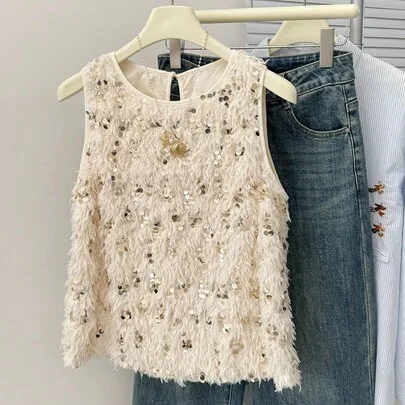Sequin Sleeveless Round Neck Fuzzy Glitter Shiny Tank Top by Muvela