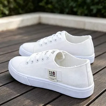 Low Top Canvas Lace Up Casual Skate Sneakers Lightweight Non Slip Rubber Sole by SHEIN
