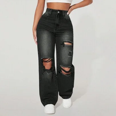 Washed Ripped Slant Pocket Jeans by SHEIN