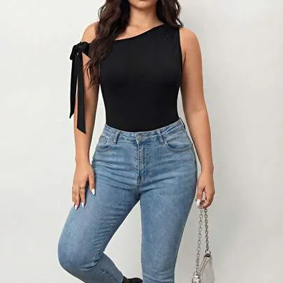 Solid Color Asymmetrical Neck Fitted T-Shirt by Enliva