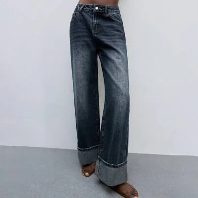 Low-Rise Straight Leg Folded Hem Baggy Wide Cuffed Jeans