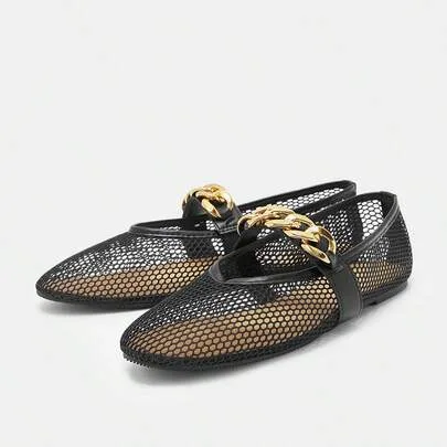 Breathable Mesh Glitter Chain Decor Hollow Mary Jane Slip-On Loafer Flats by Bholvia
