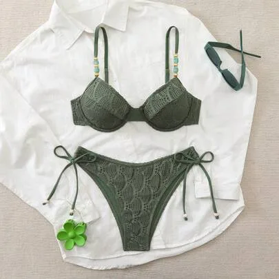 Padded Underwire Beaded Texture Fabric Side Tie Bikini Set by Swim Chiccia