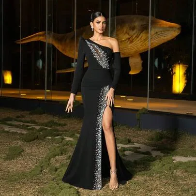 One-Shoulder Long Sleeve Beaded High Slit Mermaid Hem Evening Gown by Elisanya