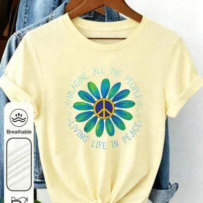Casual Round Neck Short Sleeve T-Shirt with Hippie Floral Peace Sign Print Comfortable Regular Fit Polyester Top by SHEIN