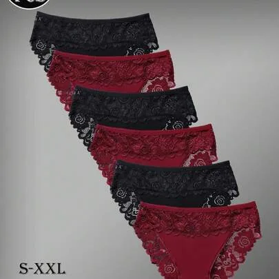 Solid Color Cotton Panties Lace Trim Triangle Briefs by SHEIN