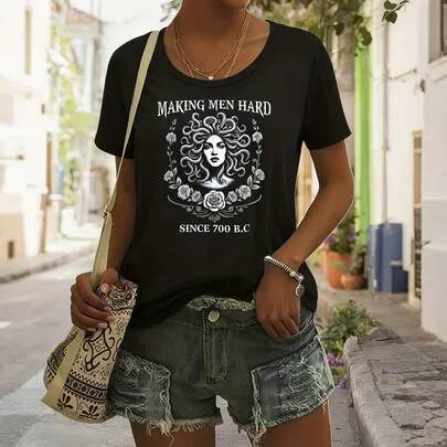 Making Men Hard Since 700 BC Funny Oversized Graphic Short Sleeve Tee 100% Polyester Crew Neck Top by SHEIN