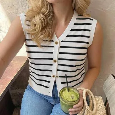 Striped Single-Breasted Casual Knitted Vest by Dripcurv