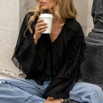Elegant V-Neck Single-Breasted Long Sleeve Coated Solid Color Shirt by HH
