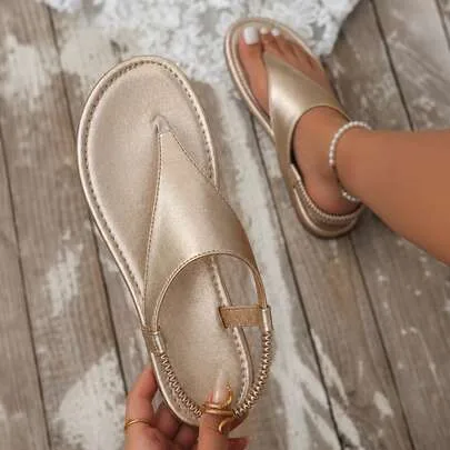 Travel Flats Triangle Strap Beach Slippers Open Toe Sandals Elastic Ankle Thong Strap by SHEIN