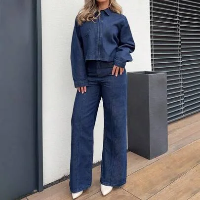 Casual Collared Crop Top and Loose Fit Jeans Set by Jeta Ari