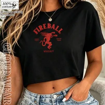 100% Cotton Tee Fireball Whisky Retro Graphic T-Shirt Cropped Tee by SHEIN