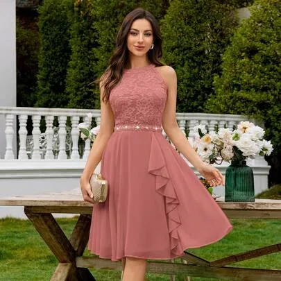 Elegant Lace Halter Flowy a Line Prom Dress Sleeveless High Waist Chiffon Formal Dress with Ruffle Detail by MIUSOL