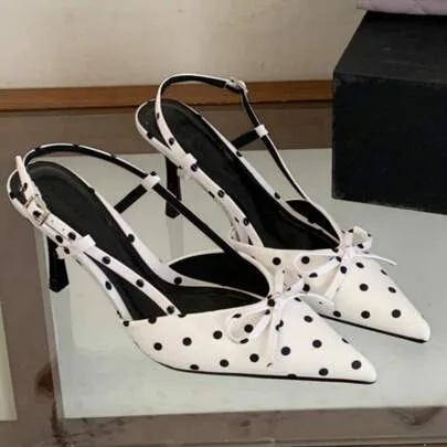 French Style Polka Dot Pointed Toe Backless Pumps Elegant Thin Heeled Closed Toe Sandals Kitten Heels by SHEIN