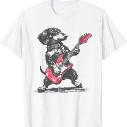 Dachshund Weenie Playing Guitar Funny Dog Rock Heavy Metal Music T-Shirt by SHEIN
