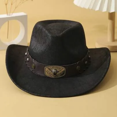 Cattle Head & Belt Decor Handmade Panama Hat Wide Brim Cowboy Hat PU Cowgirl Hat Western Soft Felt Hat Fedora Hat by SHEIN