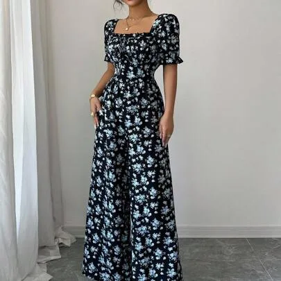 Elegant Waist Cinched Floral Print Romper with Puff Sleeves by Selianne