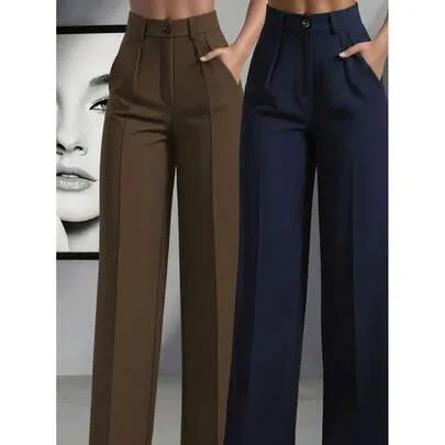 Minimalist 2-Pieces Set High-Waisted Wide-Leg Pants Classic Navy Blue and Coffee Color Front Pleated Waistband by SHEIN