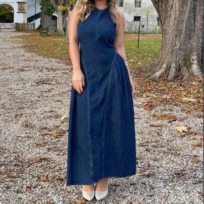 Round Neck Sleeveless Backless Flared Denim Dress
