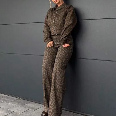 Casual Vintage Leopard Print Denim Jeans by Jeta Ari