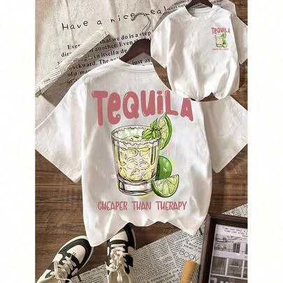 Tequila Cocktail Summer Club T-Shirt Round Neck Short Sleeve by SHEIN