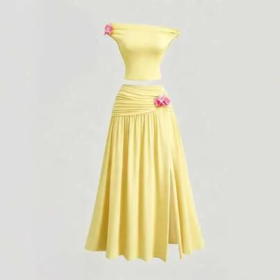 High Street Elegant Loose Slim Fit Off-Shoulder Vintage Versatile 2-Piece Set by Sweetra