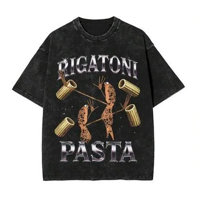 Marcus the Worm Crewneck Pure Cotton Washed T-Shirt Rigatoni Pasta Short Sleeve by SHEIN